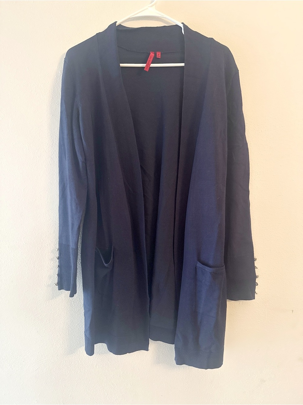 Love Scarlett Navy Open Front Longline Cardigan Gold Button Cuff Pockets M - Picture 2 of 9